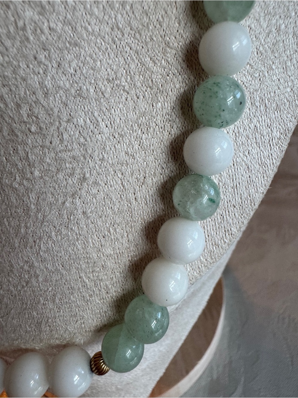 Vintage Mint Green and White Stone Beaded Necklace with Subtle Gold Accents - Picture 4 of 7